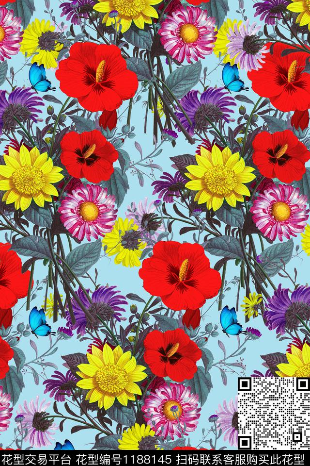 手绘蝴蝶鲜花数码印花华亿平台下载（图片编号: 1188145） - 瓦栏（Walan）