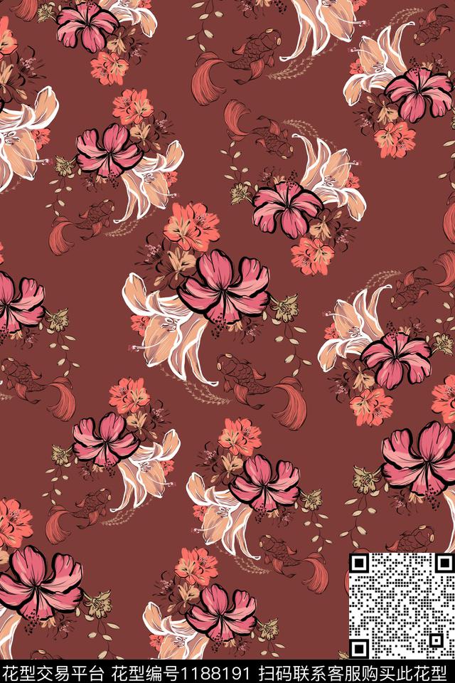 数码华亿平台花卉风格化花卉传统印花华亿平台下载（图片编号: 1188191） - 瓦栏（Walan）