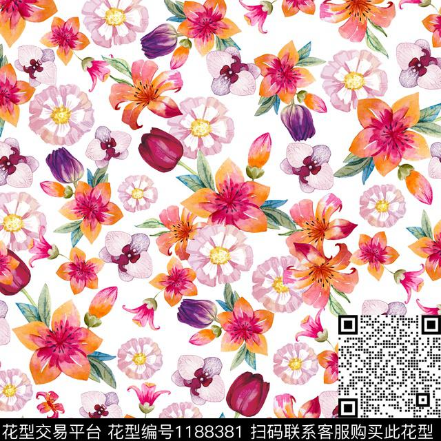 白底花水彩花卉温室花卉数码印花华亿平台下载（图片编号: 1188381） - 瓦栏（Walan）