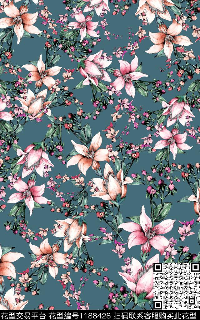 数码华亿平台手绘花卉数码印花华亿平台下载（图片编号: 1188428） - 瓦栏（Walan）