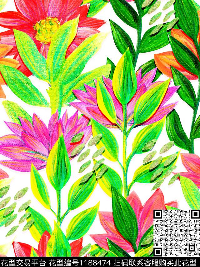 绿植树叶小清新花卉数码印花华亿平台下载（图片编号: 1188474） - 瓦栏（Walan）