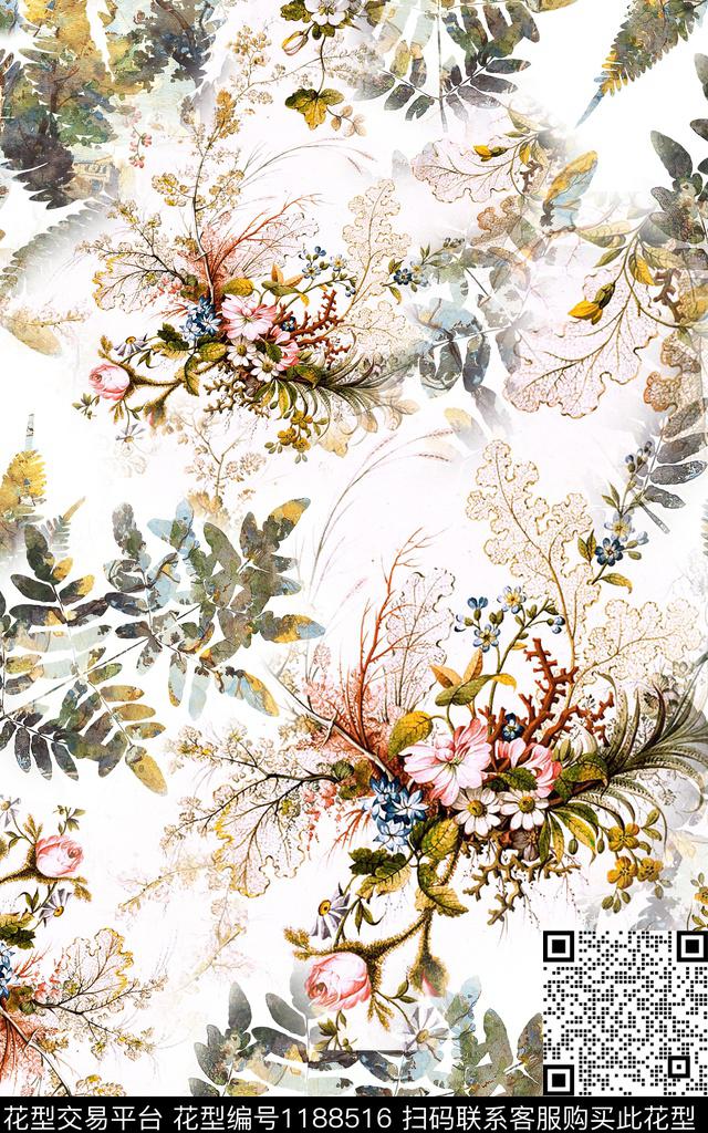 数码华亿平台手绘绿植树叶数码印花华亿平台下载（图片编号: 1188516） - 瓦栏（Walan）