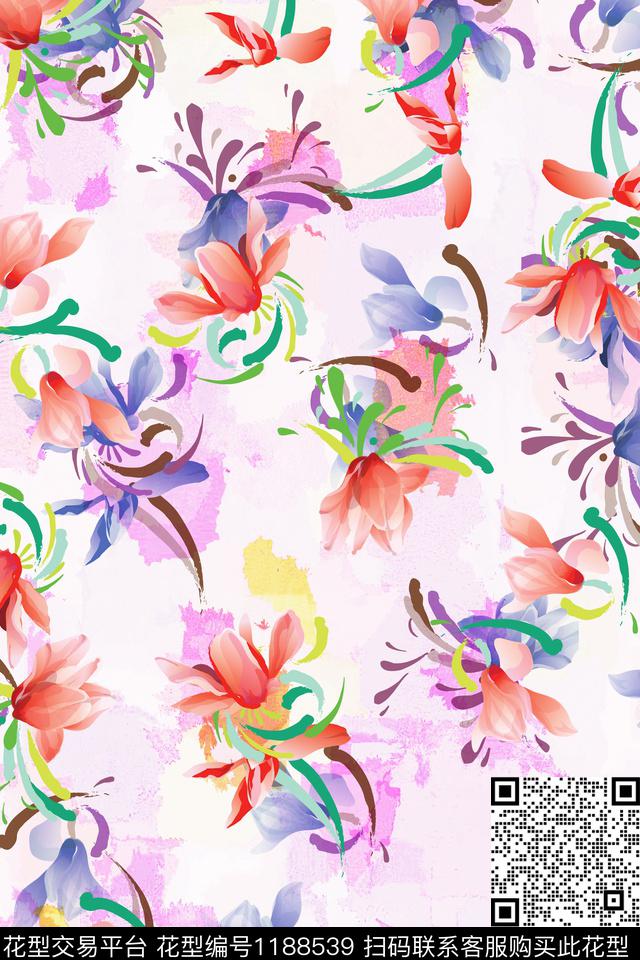 水彩花卉大牌风彩色底花卉数码印花华亿平台下载（图片编号: 1188539） - 瓦栏（Walan）