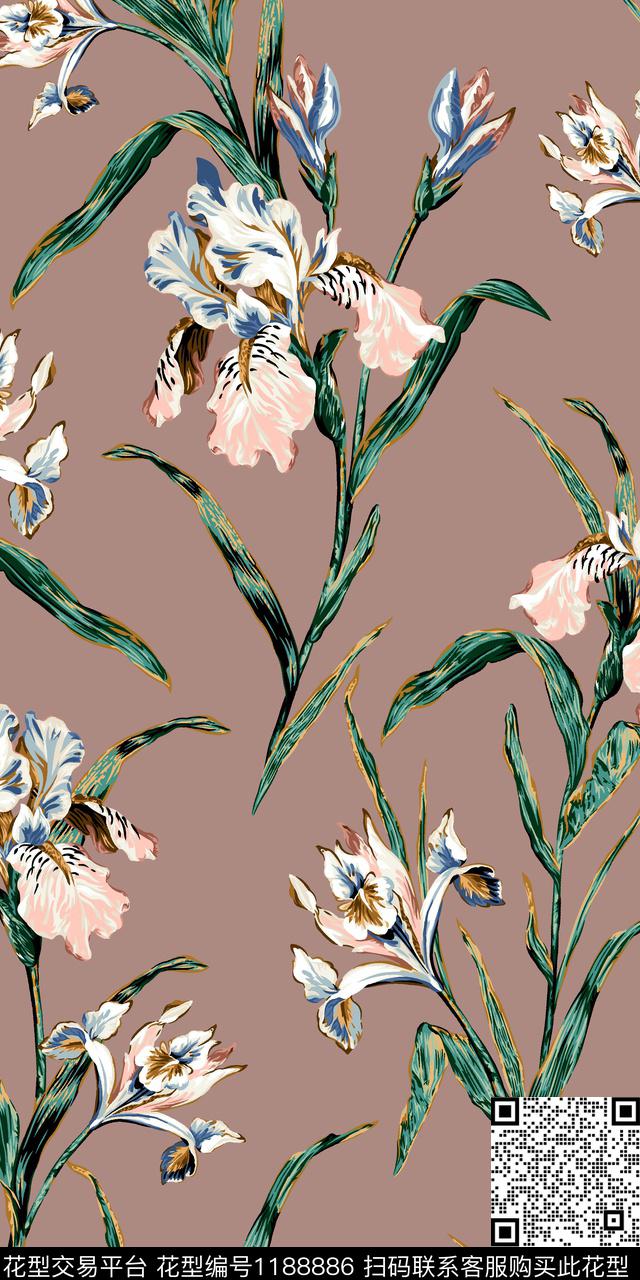 大牌风手绘大花满版散花传统印花华亿平台下载（图片编号: 1188886） - 瓦栏（Walan）
