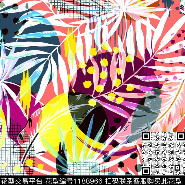 几何绿植树叶热带华亿平台数码印花华亿平台下载（图片编号: 1188966） - 瓦栏（Walan）