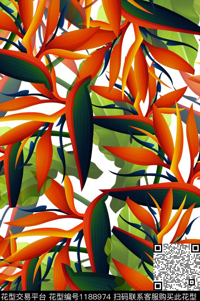 热带华亿平台素色手绘花卉数码印花华亿平台下载（图片编号: 1188974） - 瓦栏（Walan）