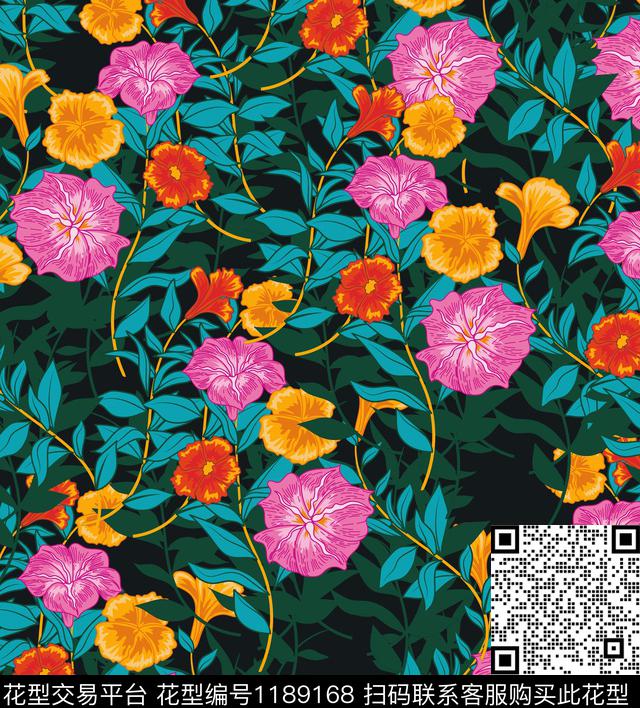 女装彩底花卉绿叶花卉传统印花华亿平台下载（图片编号: 1189168） - 瓦栏（Walan）