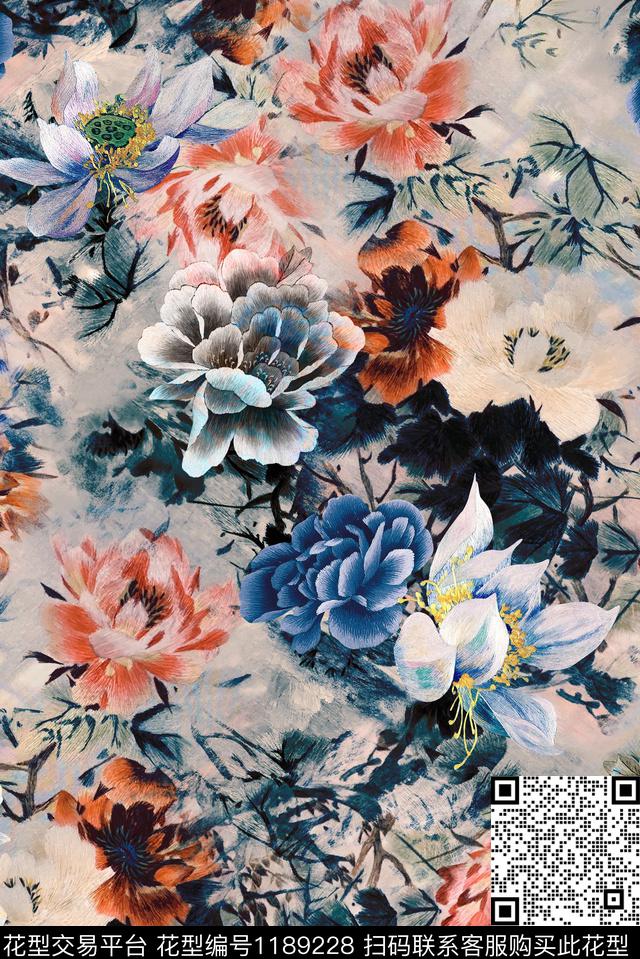 素雅中国风花卉数码印花华亿平台下载（图片编号: 1189228） - 瓦栏（Walan）