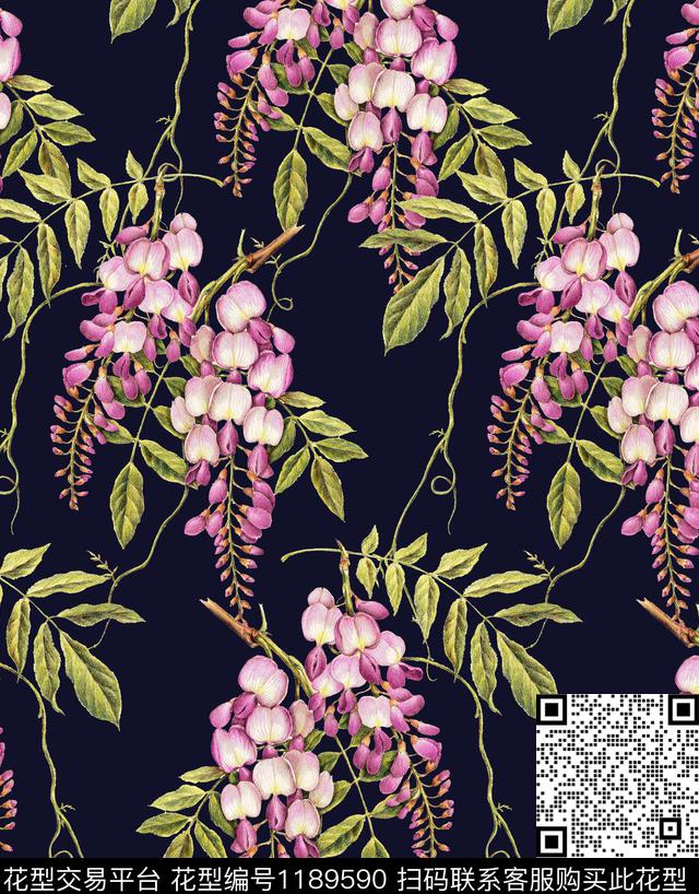 水彩花卉紫藤花满版散花数码印花华亿平台下载（图片编号: 1189590） - 瓦栏（Walan）