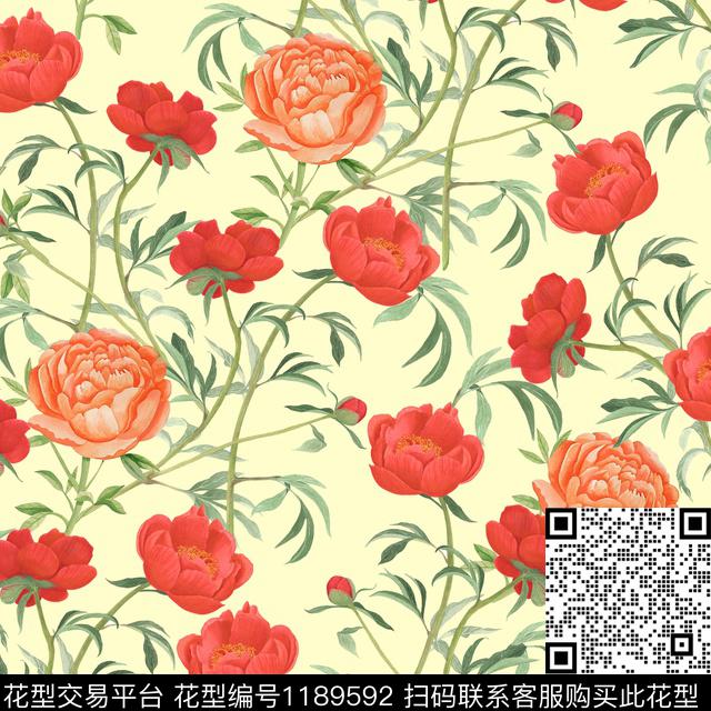 清爽底花卉水彩花卉芍药数码印花华亿平台下载（图片编号: 1189592） - 瓦栏（Walan）