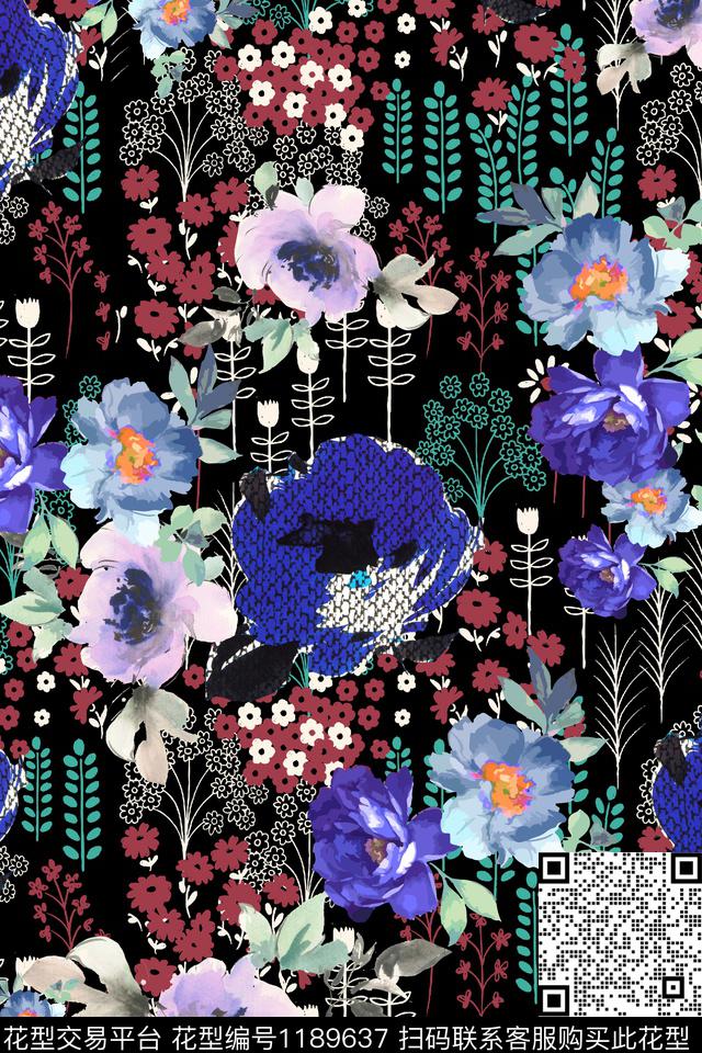 数码华亿平台花卉黑底花卉数码印花华亿平台下载（图片编号: 1189637） - 瓦栏（Walan）