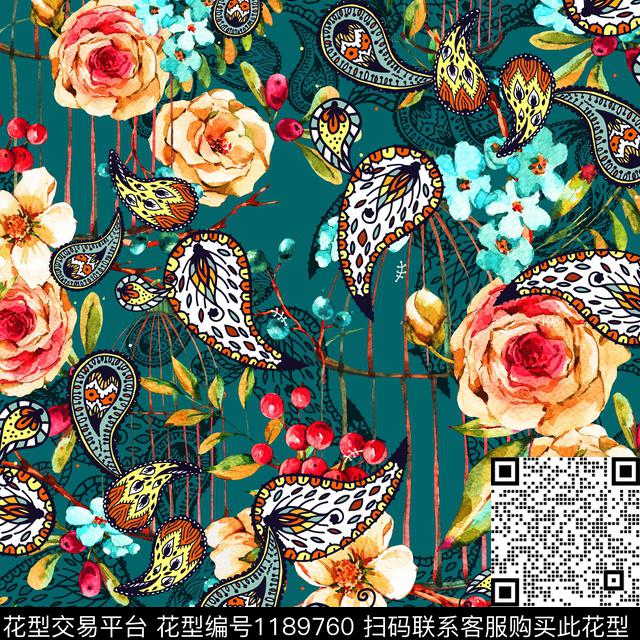 花卉大牌风佩斯利数码印花华亿平台下载（图片编号: 1189760） - 瓦栏（Walan）