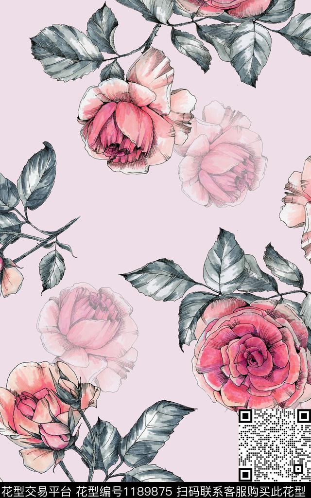 数码华亿平台手绘花卉数码印花华亿平台下载（图片编号: 1189875） - 瓦栏（Walan）