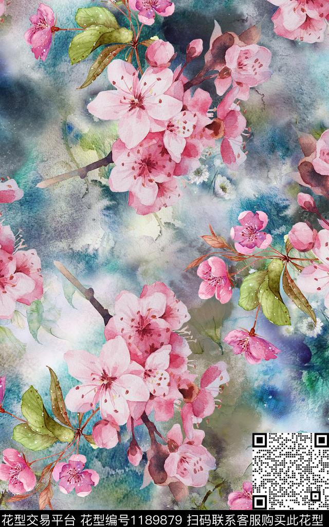 梅花水彩花卉数码印花华亿平台下载（图片编号: 1189879） - 瓦栏（Walan）