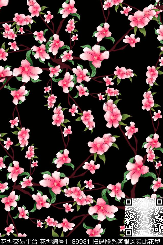 桃花水彩手绘数码印花华亿平台下载（图片编号: 1189931） - 瓦栏（Walan）