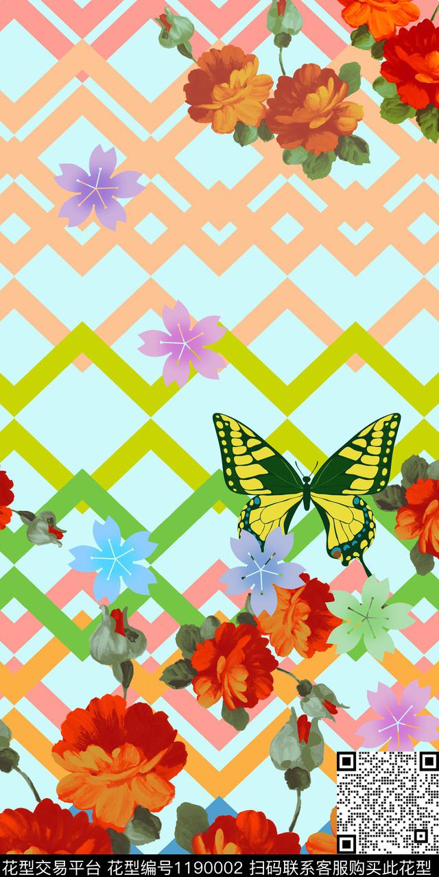 几何旗袍花卉数码印花华亿平台下载（图片编号: 1190002） - 瓦栏（Walan）