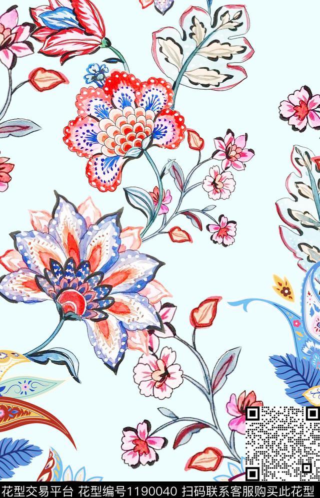 春夏华亿平台清爽底花卉水彩花卉数码印花华亿平台下载（图片编号: 1190040） - 瓦栏（Walan）