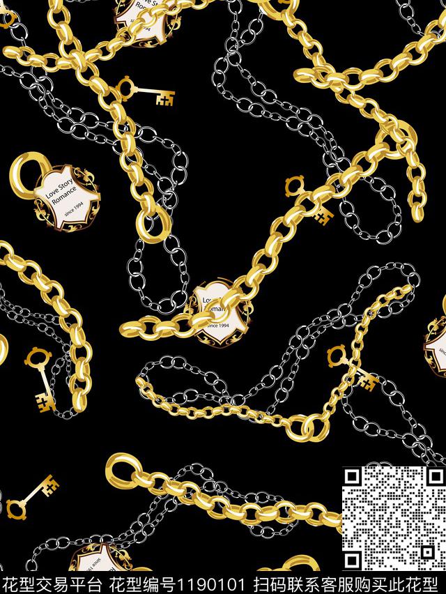 古典花纹链条混合拼接数码印花华亿平台下载（图片编号: 1190101） - 瓦栏（Walan）