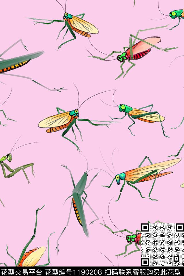 手绘大牌风昆虫数码印花华亿平台下载（图片编号: 1190208） - 瓦栏（Walan）
