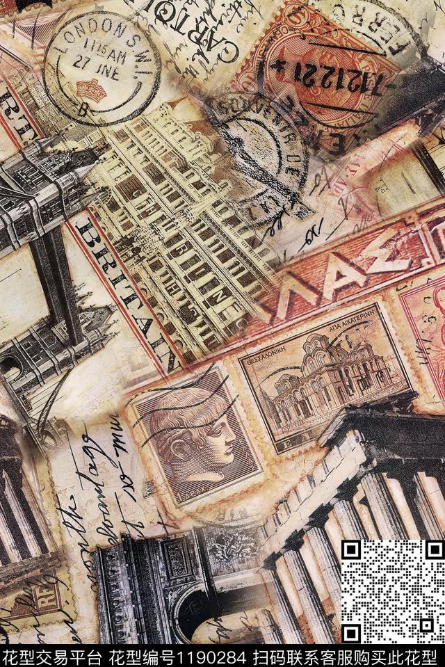 建筑复古风邮票报纸纹理数码印花华亿平台下载（图片编号: 1190284） - 瓦栏（Walan）