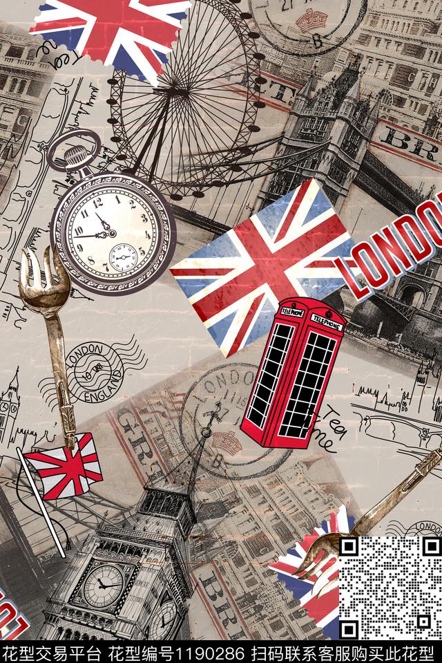 建筑复古风邮票底纹数码印花华亿平台下载（图片编号: 1190286） - 瓦栏（Walan）