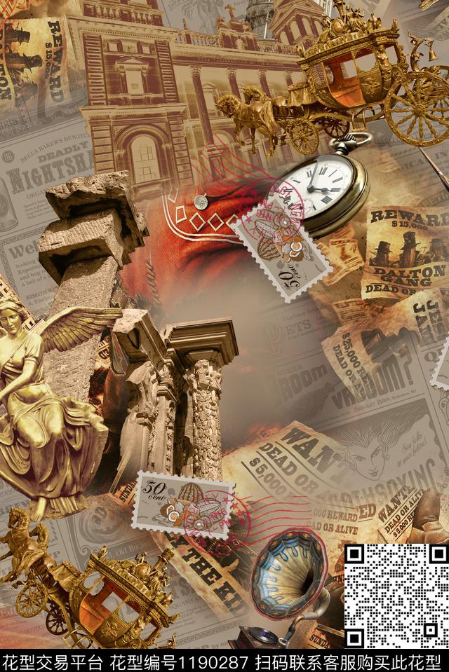 建筑马车复古风数码印花华亿平台下载（图片编号: 1190287） - 瓦栏（Walan）