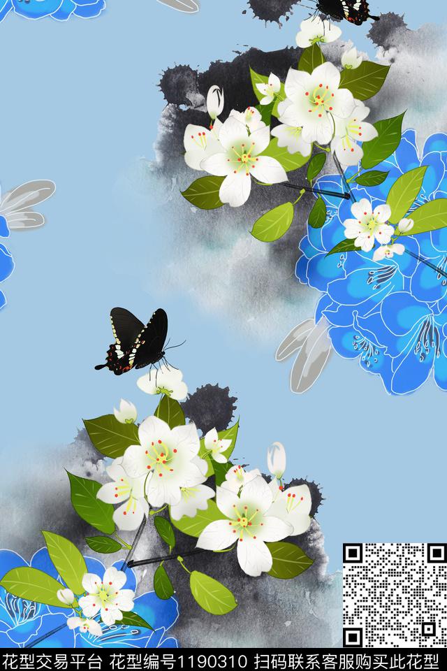 春夏华亿平台蝴蝶水墨风数码印花华亿平台下载（图片编号: 1190310） - 瓦栏（Walan）
