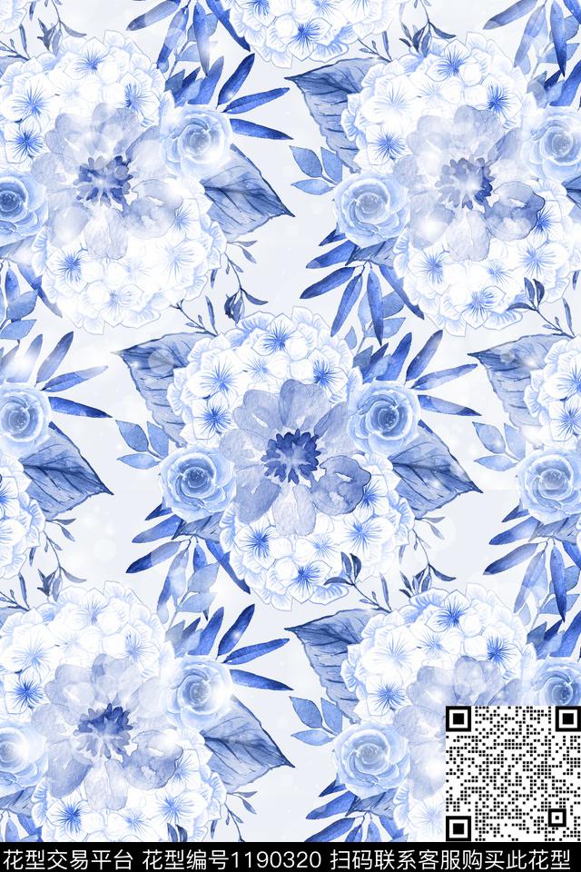 水彩花卉手绘大牌风数码印花华亿平台下载（图片编号: 1190320） - 瓦栏（Walan）