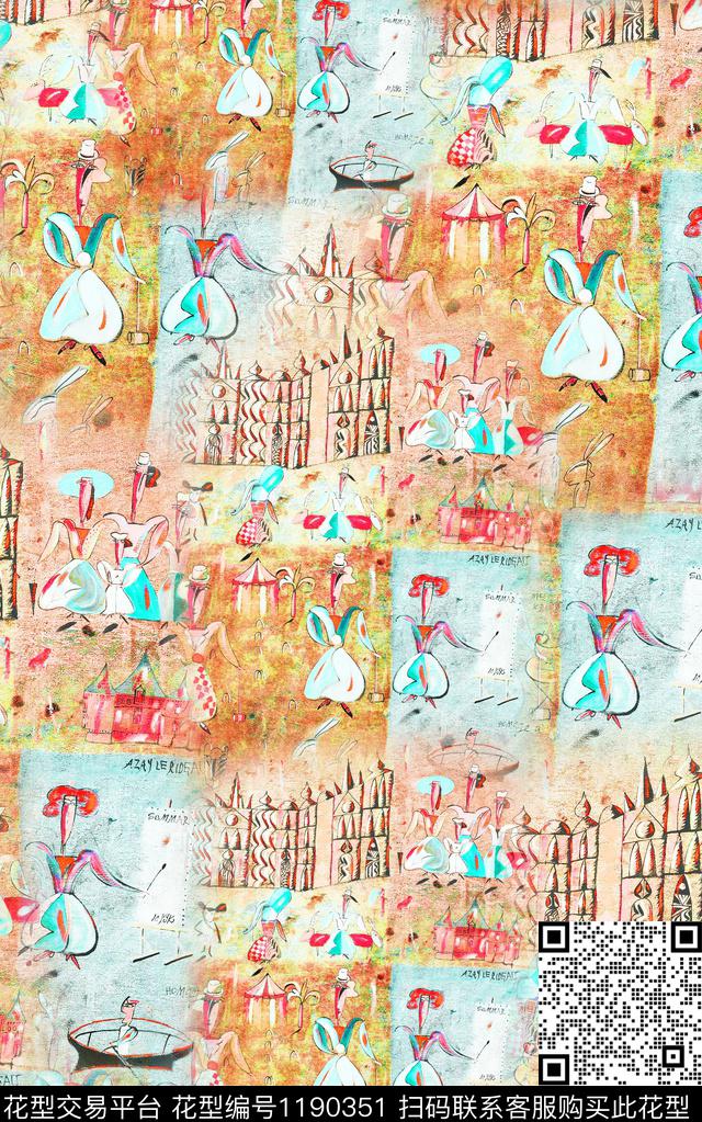 抽象棉麻笔触数码印花华亿平台下载（图片编号: 1190351） - 瓦栏（Walan）