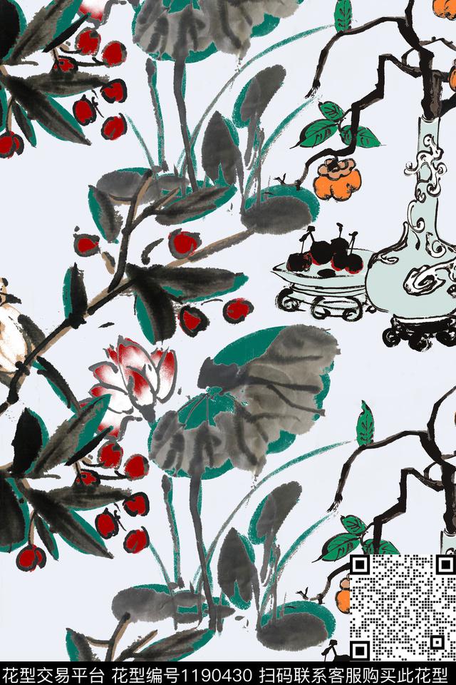 手绘花鸟荷花数码印花华亿平台下载（图片编号: 1190430） - 瓦栏（Walan）
