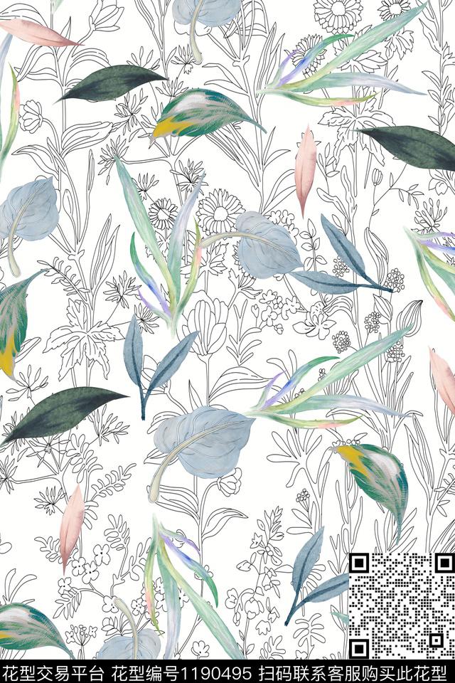 春夏华亿平台绿植树叶清爽数码印花华亿平台下载（图片编号: 1190495） - 瓦栏（Walan）