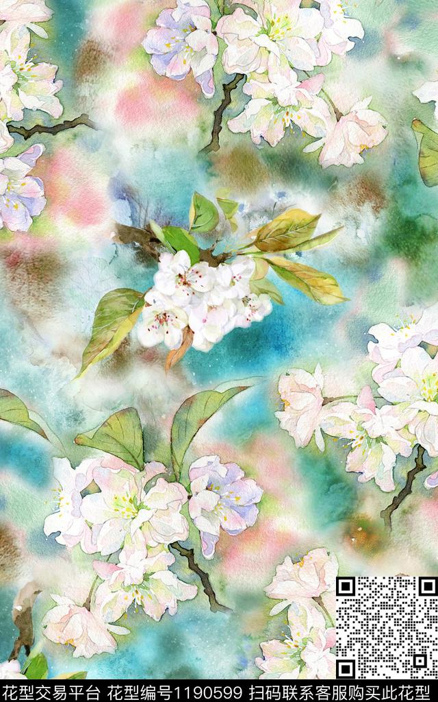 海棠水彩花卉数码印花华亿平台下载（图片编号: 1190599） - 瓦栏（Walan）