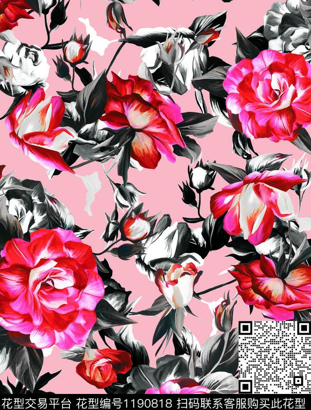 数码华亿平台清爽底花卉大花数码印花华亿平台下载（图片编号: 1190818） - 瓦栏（Walan）