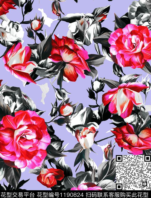 数码华亿平台清爽底花卉大花数码印花华亿平台下载（图片编号: 1190824） - 瓦栏（Walan）