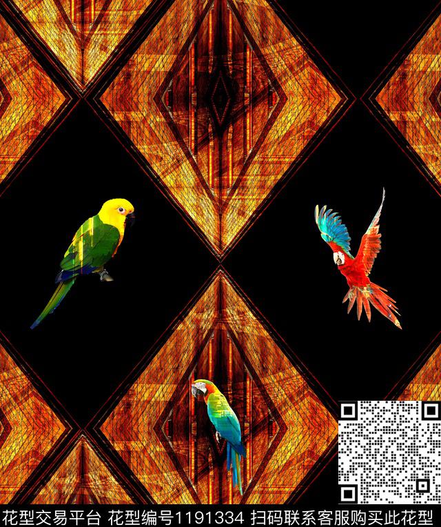 鹦鹉几何花卉数码印花华亿平台下载（图片编号: 1191334） - 瓦栏（Walan）