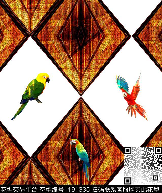 鹦鹉几何花卉数码印花华亿平台下载（图片编号: 1191335） - 瓦栏（Walan）