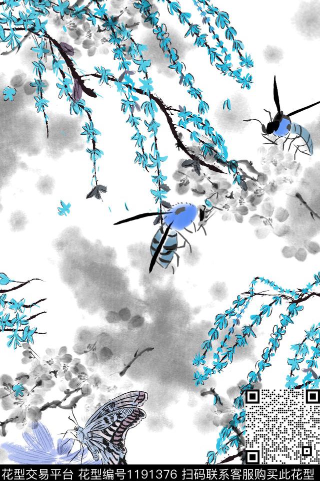 春夏华亿平台昆虫水墨风数码印花华亿平台下载（图片编号: 1191376） - 瓦栏（Walan）
