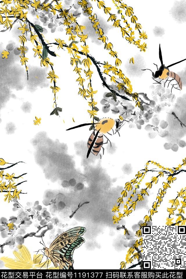春夏华亿平台昆虫水墨风数码印花华亿平台下载（图片编号: 1191377） - 瓦栏（Walan）