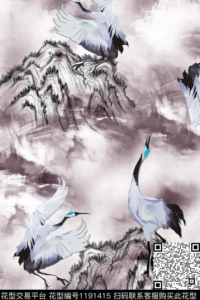 仙鹤鸟水墨风数码印花华亿平台下载（图片编号: 1191415） - 瓦栏（Walan）