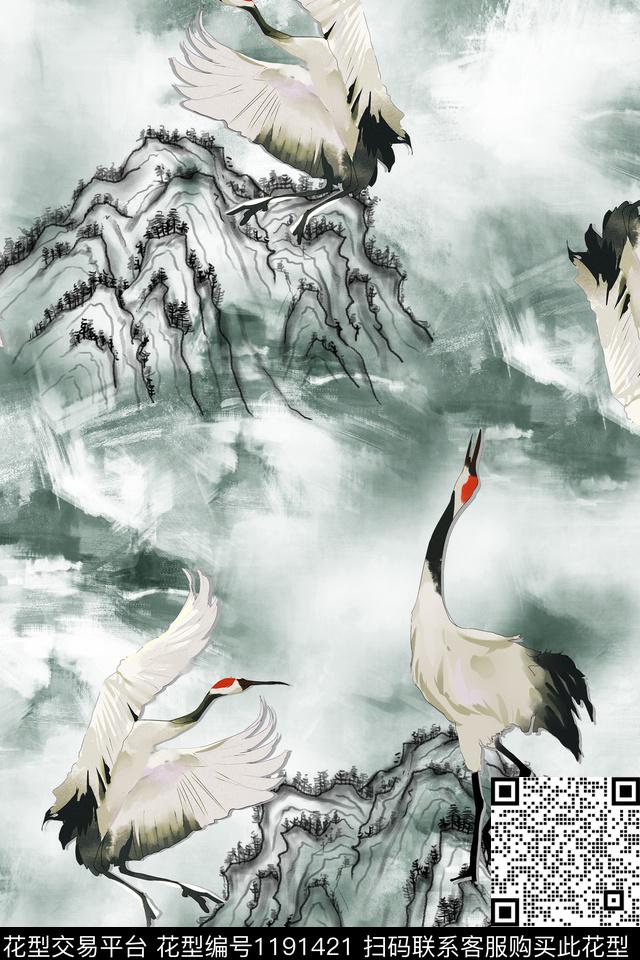 仙鹤鸟水墨风数码印花华亿平台下载（图片编号: 1191421） - 瓦栏（Walan）