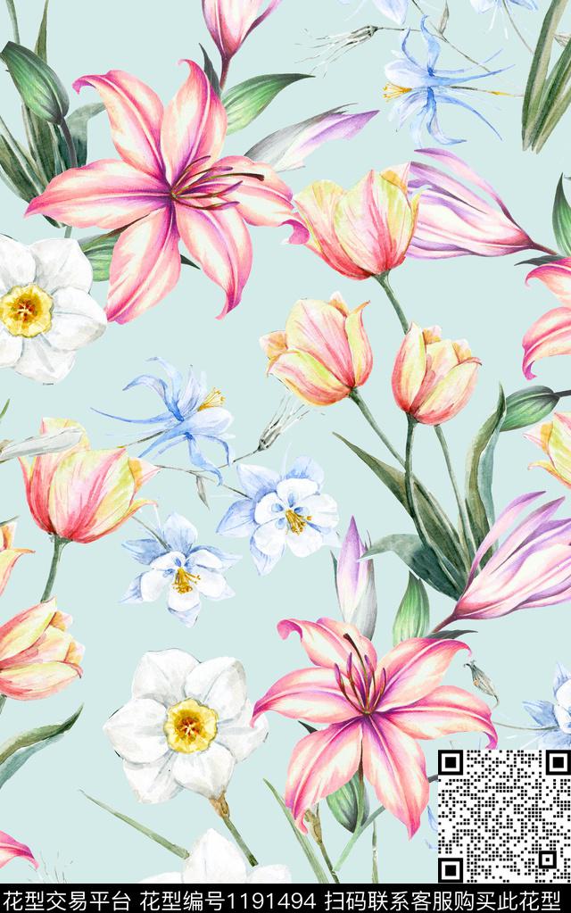 数码华亿平台手绘花卉数码印花华亿平台下载（图片编号: 1191494） - 瓦栏（Walan）
