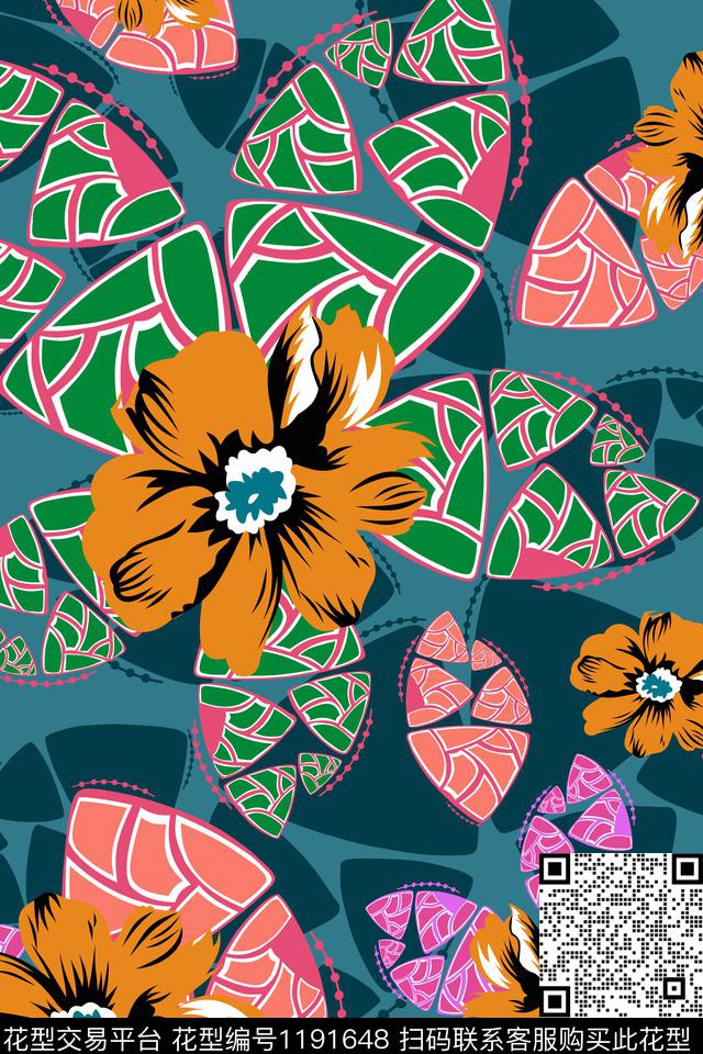几何抽象花卉传统印花华亿平台下载（图片编号: 1191648） - 瓦栏（Walan）