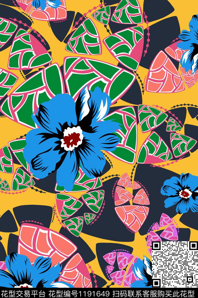 几何抽象花卉传统印花华亿平台下载（图片编号: 1191649） - 瓦栏（Walan）