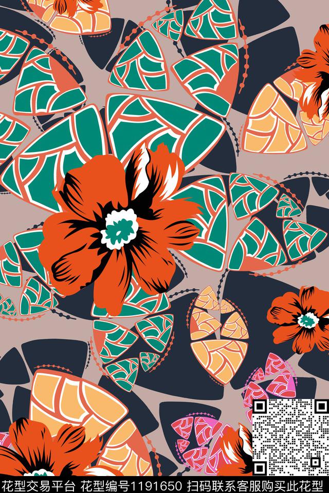 几何抽象花卉传统印花华亿平台下载（图片编号: 1191650） - 瓦栏（Walan）