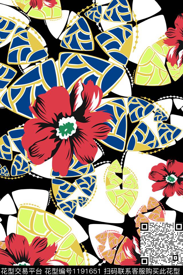 几何抽象花卉传统印花华亿平台下载（图片编号: 1191651） - 瓦栏（Walan）