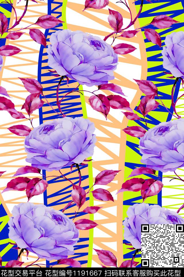 几何抽象花卉数码印花华亿平台下载（图片编号: 1191667） - 瓦栏（Walan）
