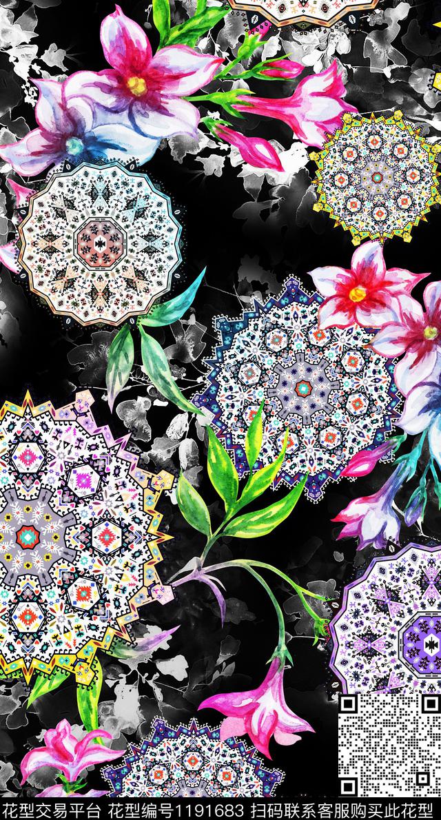 民族花卉黑底花卉圆形数码印花华亿平台下载（图片编号: 1191683） - 瓦栏（Walan）