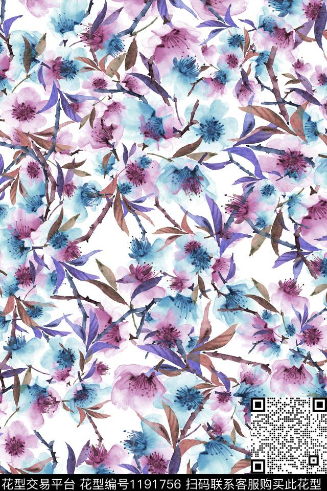 樱花手绘花卉炫彩数码印花华亿平台下载（图片编号: 1191756） - 瓦栏（Walan）