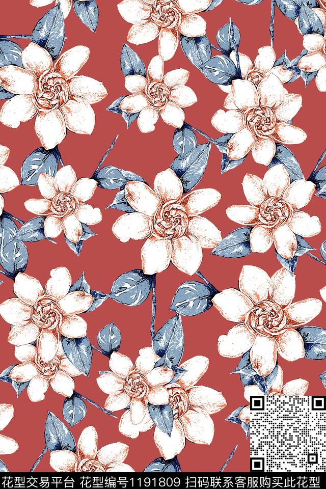 手绘花卉大牌风传统印花华亿平台下载（图片编号: 1191809） - 瓦栏（Walan）