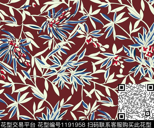 春夏华亿平台树枝绿植树叶传统印花华亿平台下载（图片编号: 1191958） - 瓦栏（Walan）